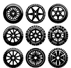 Illustration featuring nine distinct black and white car tire and wheel designs. Each design showcases unique patterns and styles, ideal for automo © Gusti