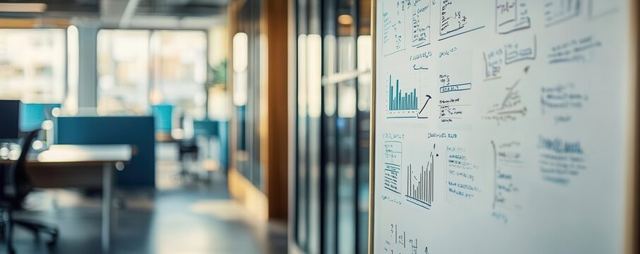 Office scene with whiteboard showing financials for startup, business model concept