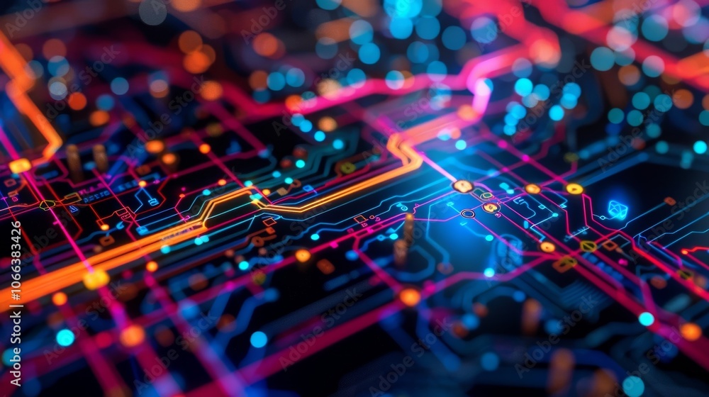 Poster colorful electronic printed circuit board with glowing details showing the concept of data transferr