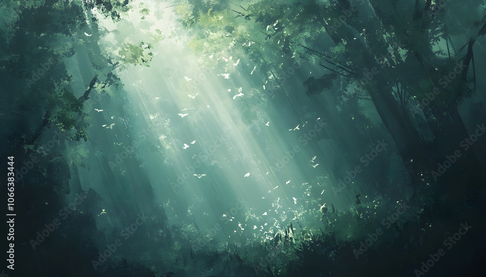 Poster a serene forest scene with soft light filtering through trees, creating a peaceful and magical atmos