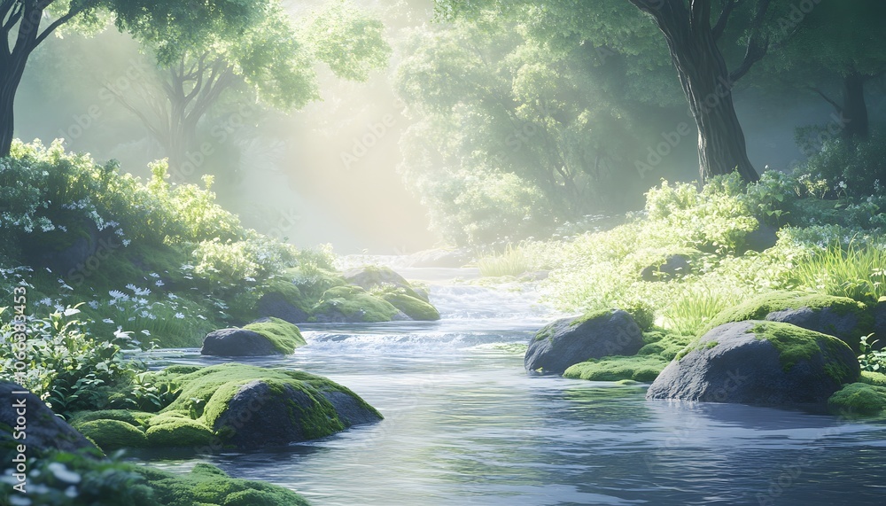 Poster a serene forest scene featuring a tranquil stream flowing through lush greenery and soft sunlight fi