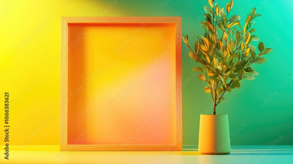 Poster wooden frame set against a light green and yellow background ideal for displaying artwork or photogr