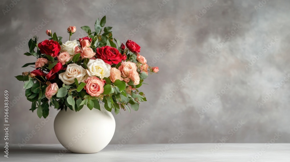Poster white vase filled with flowers on a neutral background featuring a blank space for text or message p