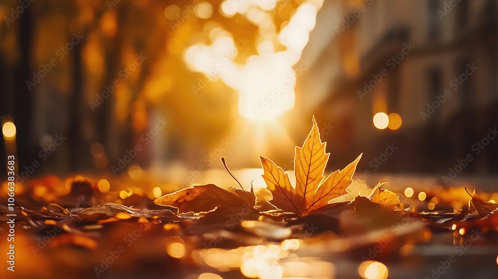 Poster yellow maple leaves scattered on the ground featuring a bokeh effect in the blurred background