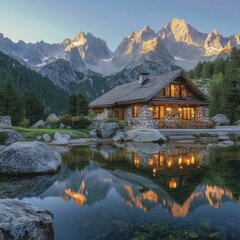 Naklejka premium Majestic Mountain Cabin Reflection Peaceful Lakeside Retreat