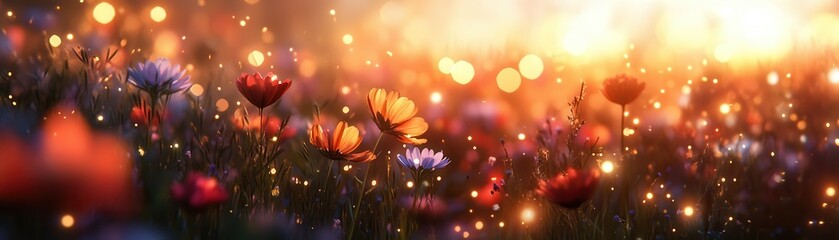 Enchanting Meadow at Sunset with Vibrant Wildflowers and Magical Bokeh Lights Creating a Dreamy Atmosphere