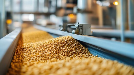 Wheat after harvesting prepared as whole grain for flour production An automated food loader and modern grain separator in operation processing crop grain with a grinder