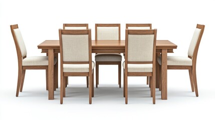 Wooden dining table with fabric chairs set against a white background