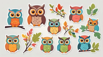 Fototapeta premium Cute colorful owl stickers with branches and leaves, flat style on light background. 