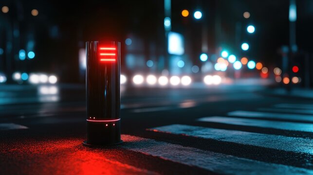 Warning lamp illuminated on a street at night featuring a red alert indicator with digital AI technology