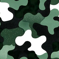 Abstract camouflage pattern in green, white, and black.