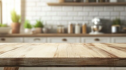 Wooden table in front of a blurred kitchen background Ideal for showcasing or presenting your products in a montage 3D rendering