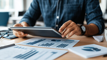 Executive Analyzing Data Insights on Tablet in Office