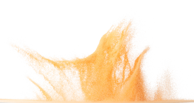 Small size orange Sand flying explosion, fruit sands grain wave explode. Abstract cloud fly. Orange colored sand splash throwing in Air. White background Isolated high speed shutter, throwing freeze