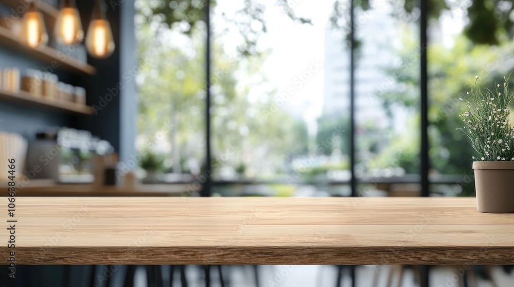Poster wood table in a blurred modern dining space or cafe featuring empty space for product display mockup