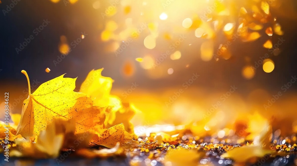 Aufkleber yellow maple leaves scattered on the ground featuring a bokeh effect in the blurred background