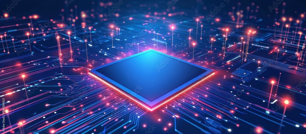 Poster chip and circuit board on technology background. brightly glowing pixels on a semiconductor surface