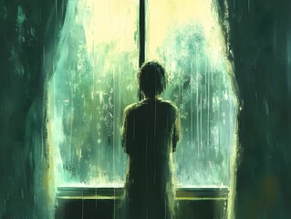 Obraz premium A solitary figure gazes out of a rain-streaked window, evoking feelings of reflection and introspection amidst a gloomy atmosphere.