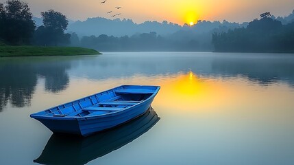 Tranquil Small Fishing Boat Anchored at Sunrise