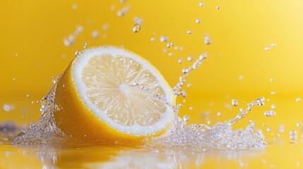 Water splashing on sliced lemon against a vibrant yellow backdrop