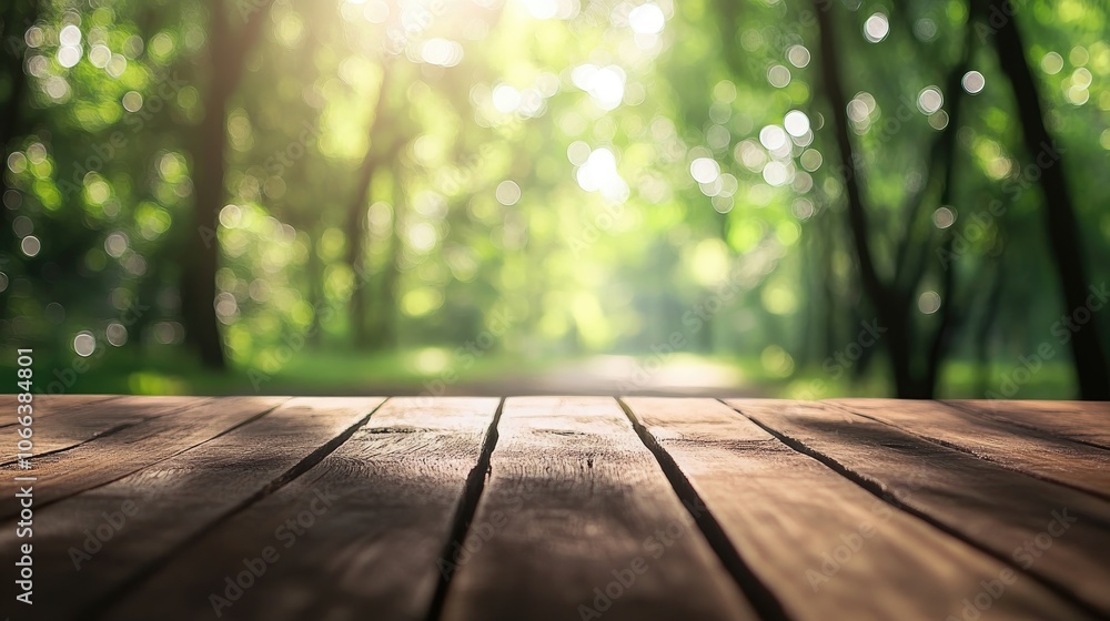 Poster wooden tabletop with a blurred green forest and bokeh effect in the background high quality image