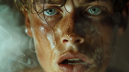 Close-up Portrait of a Young Man with Dramatic Lighting and Smoke