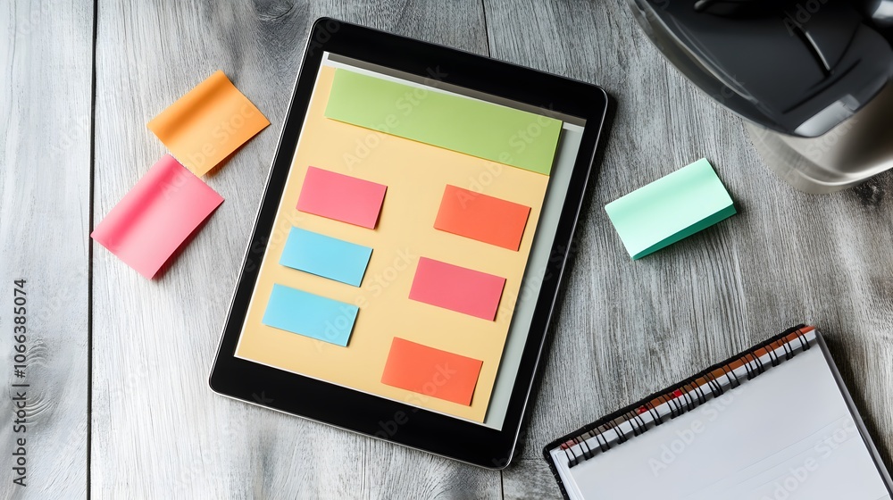 Poster a tablet displaying colorful post-it notes on a wooden desk, surrounded by a notepad and office supp
