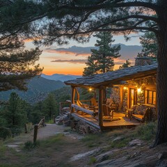 Obraz premium Mountain Cabin Sunset Cozy Log Home Scenic View Peaceful Retreat
