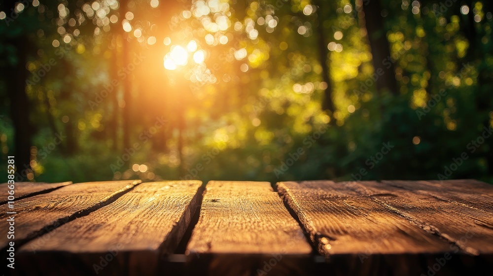 Poster wooden tabletop with a blurred green forest and bokeh effect in the background high quality image