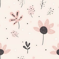 Pink and black floral pattern with small flowers and leaves on a soft pink background.