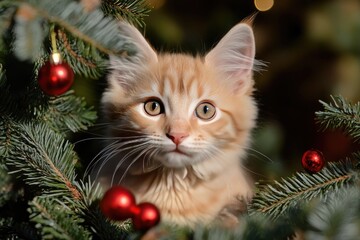 A Ginger Kitten Peeking Through a Christmas Tree with Red Ornaments