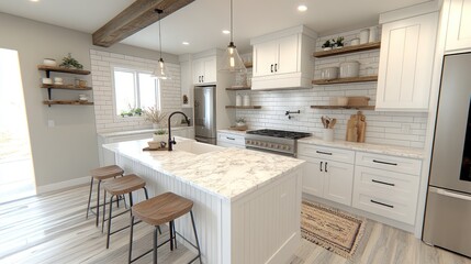 Modern farmhouse kitchen with white cabinets, marble countertops, and wood accents.