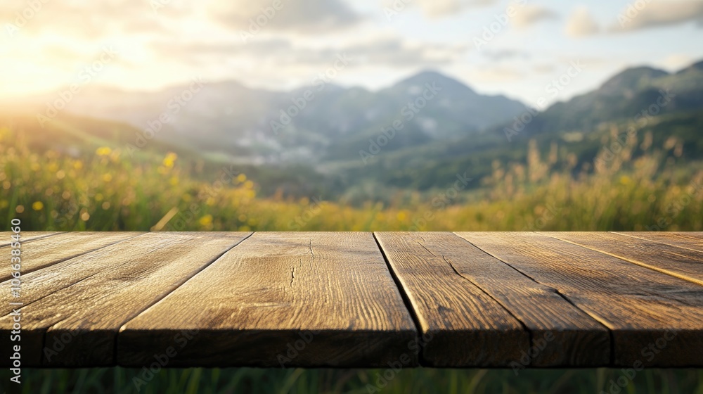 Aufkleber wooden tabletop with a blurred mountain and grass field backdrop in a morning or evening setting ide