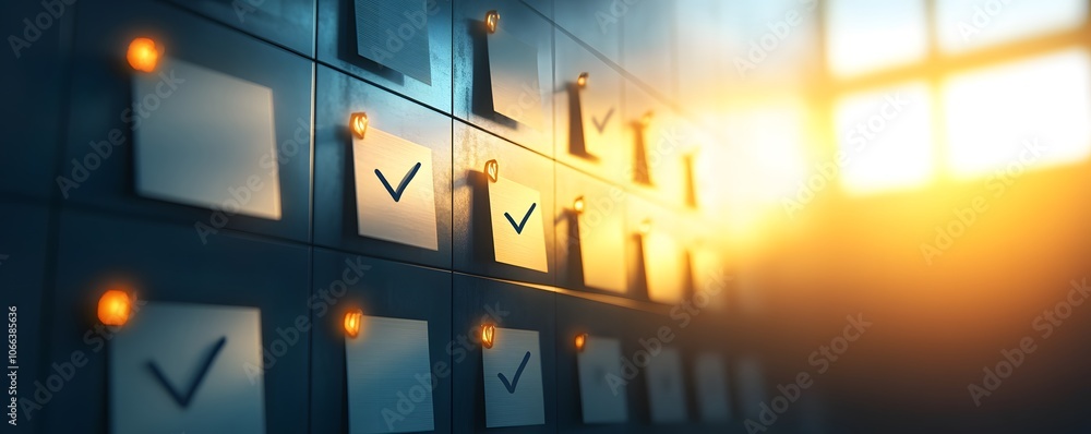 Poster A visually striking organizational board with checkmarks and soft lighting, symbolizing efficiency and productivity.