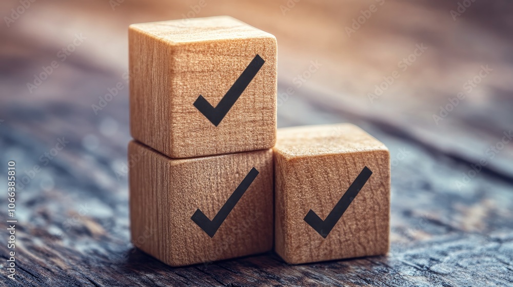 Poster wooden blocks featuring checkmarks for use in job listings task management evaluations and quality a