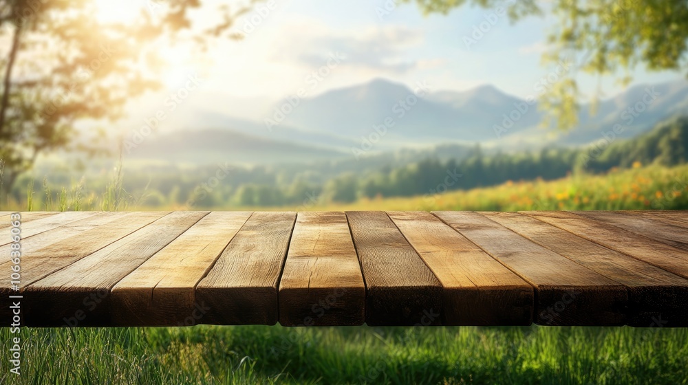 Aufkleber wooden tabletop with a blurred mountain and grass field backdrop in a morning or evening setting ide