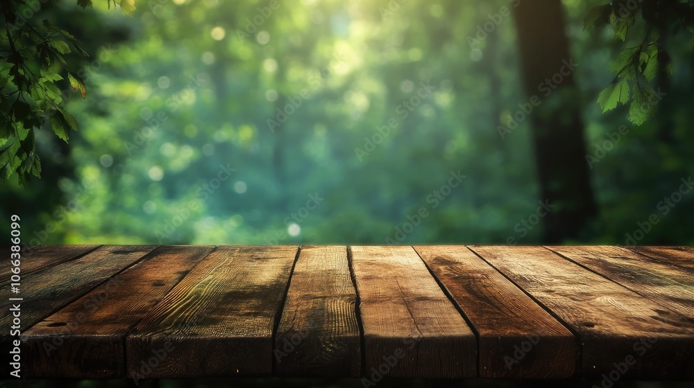 Aufkleber wooden tabletop with a blurred green forest and bokeh effect in the background high quality image