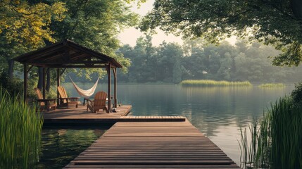 Serene Lakeside Hammock Relaxation Wooden Dock Calm Water Tranquil Nature