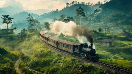 Vintage Steam Train Journey Through Lush Green Landscape