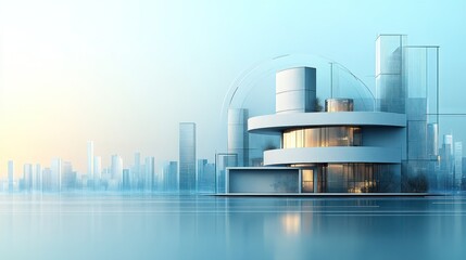Modern futuristic house on a waterfront in a cityscape with blue sky.