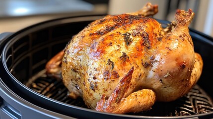 Whole roasted chicken with garnish prepared in an air fryer from scratch in a kitchen setting