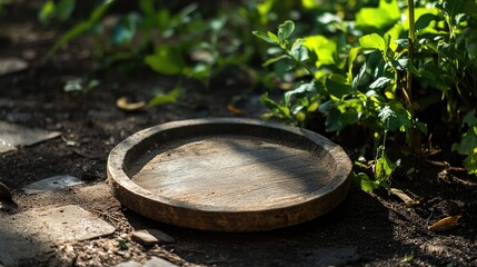 Weathered wooden plate covered in dust resting in an outdoor garden setting