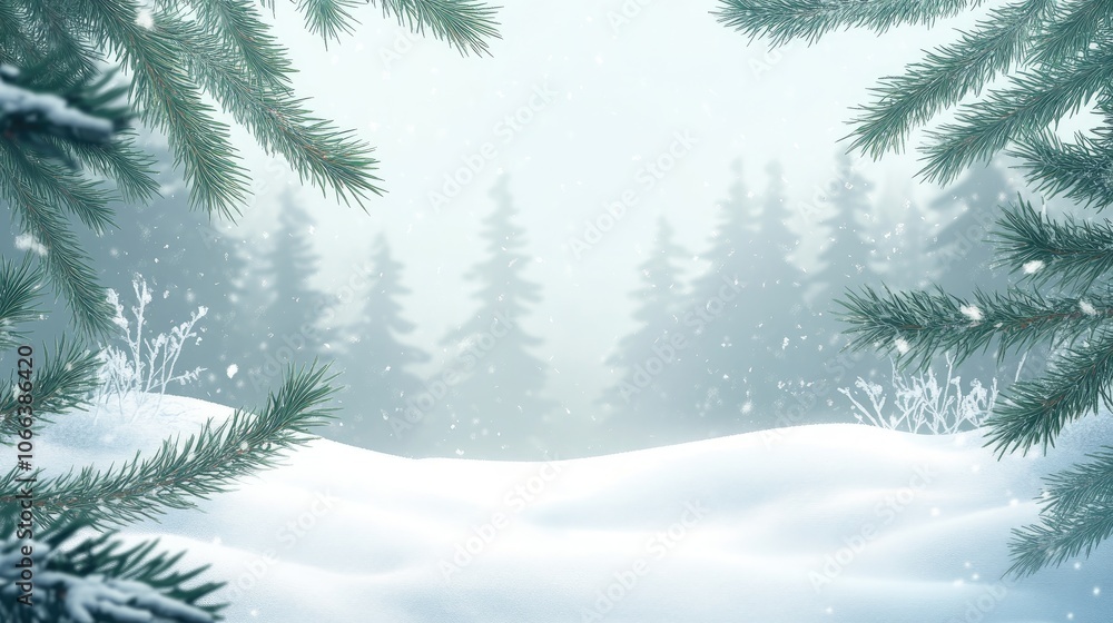Poster winter themed nature background with a wide frame featuring snow covered fir branches snowdrifts and