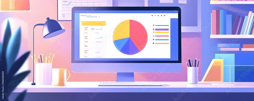 Fototapete Colorful computer screen displaying data visuals and pie chart on a modern desk with stationery in a cozy office environment.