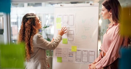 Business people, whiteboard and presentation for strategy, planning and app development with...