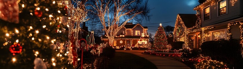 Fototapeta premium A Christmas-Lit Suburban Street at Night