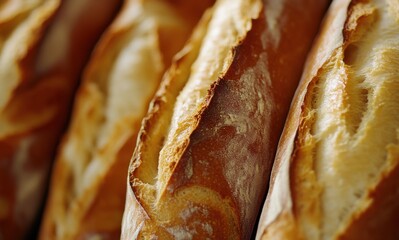 A close-up of baguettes on display, showcasing their golden-brown crusts and flaky textures.