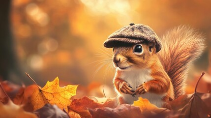 Obraz premium Cute Squirrel in Autumn Leaves with Cap