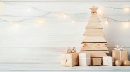 Rustic Christmas scene with wooden tree and gifts. A charming Christmas scene featuring a light-up wooden Christmas tree against a rustic whitewashed wood background.