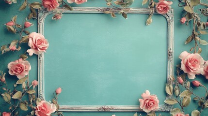 Vintage empty frame adorned with beautiful roses on a teal blue background ideal for greeting cards invitations or postcards for various celebrations